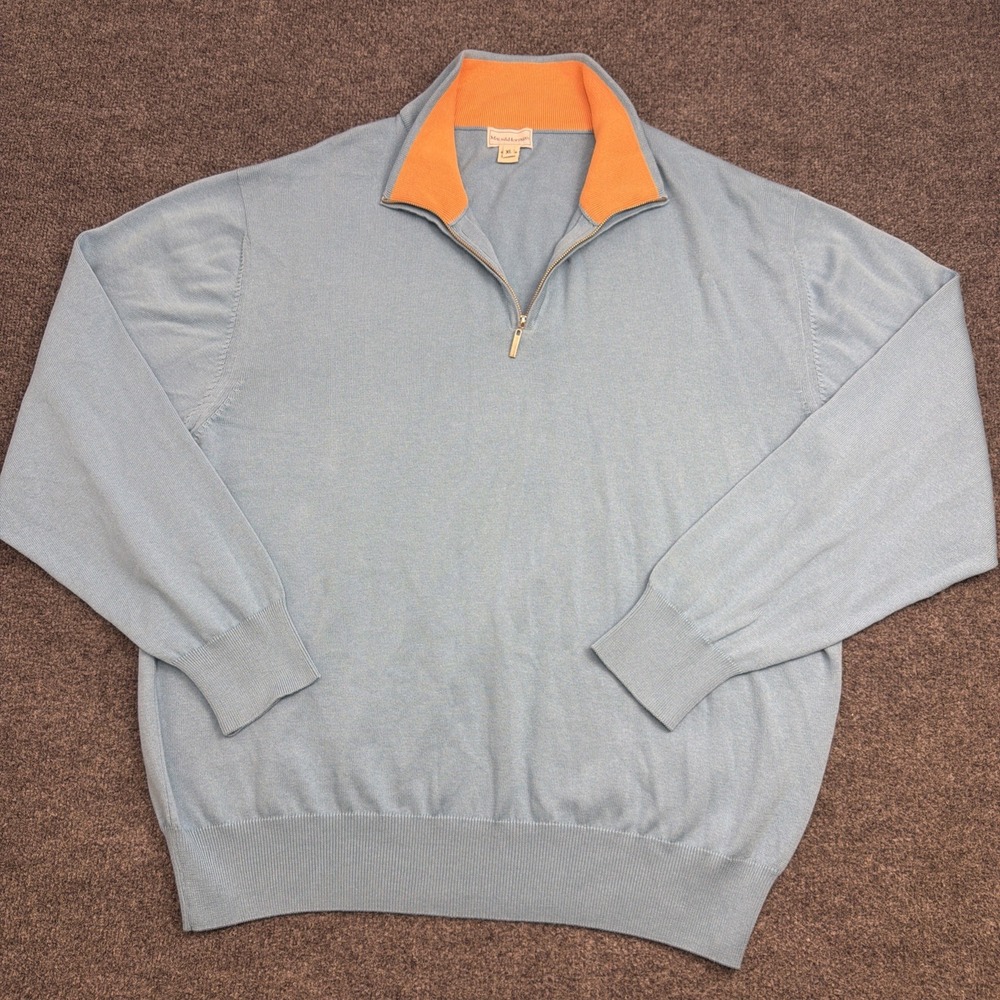 Maus & Hoffman Del Mar Quarter Zip Sweater Mens XL Pima Cotton Blue Orange